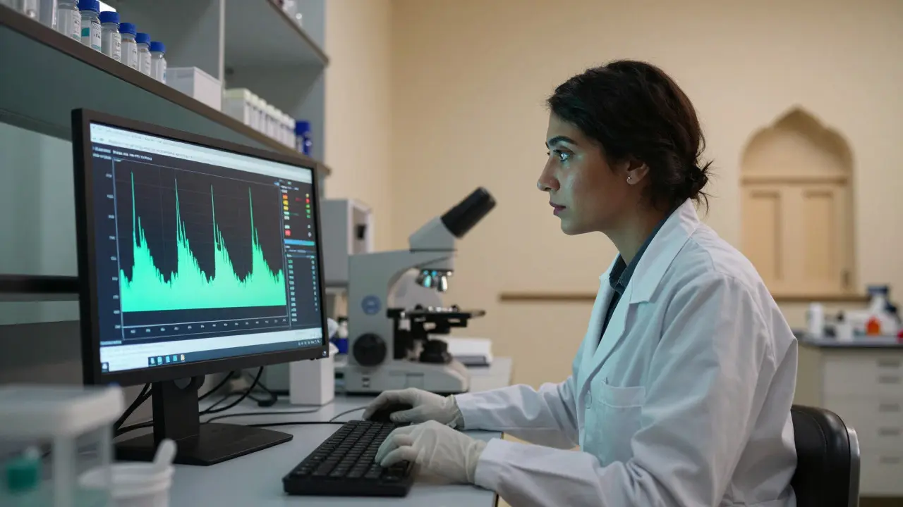 Forensic scientist analyzing DNA electropherograms in a modern lab