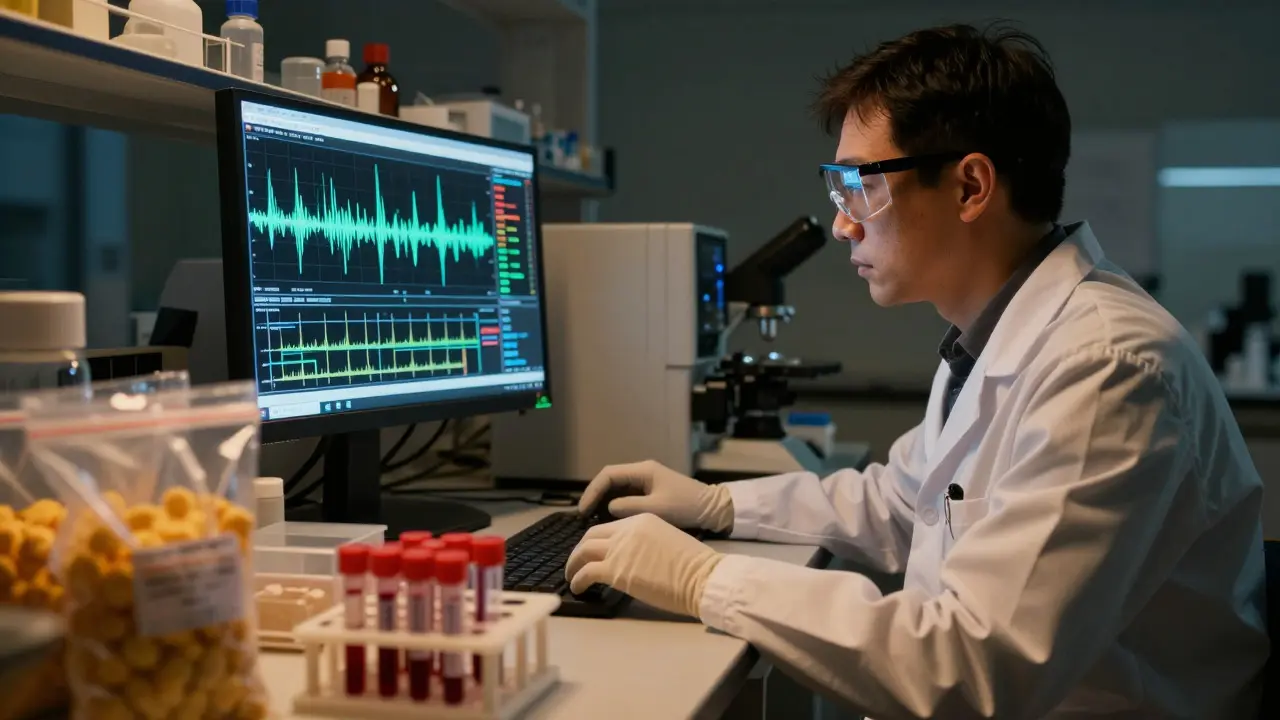 Forensic scientist analyzing spectral data from a drug test in a dimly lit laboratory