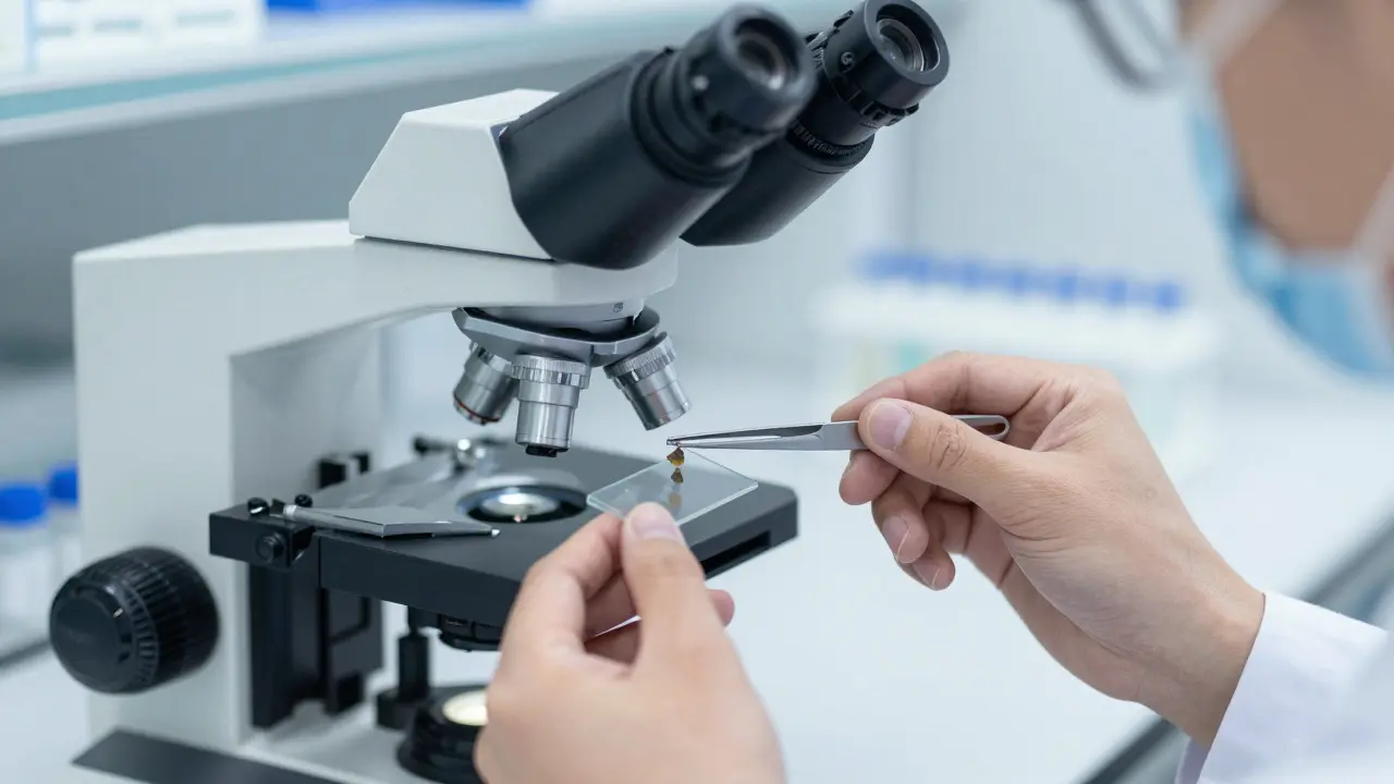 Forensic scientist collecting paint flake with tweezers under a microscope