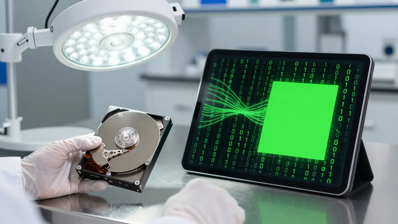 Forensic scientist examining a hard drive with digital data visualization