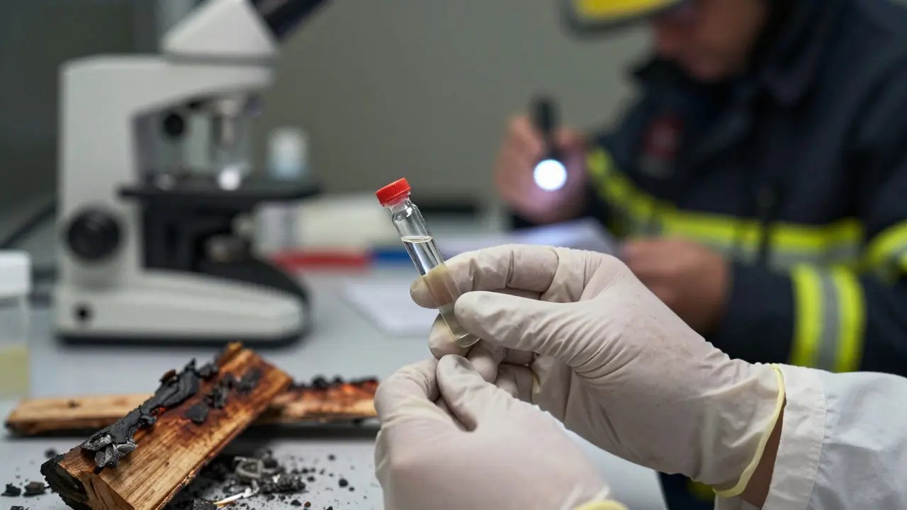 Forensic scientist examining a liquid residue sample next to charred wood