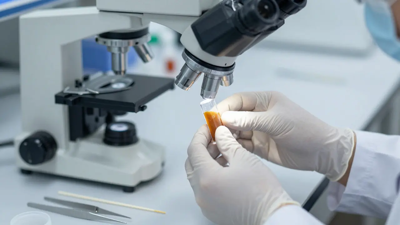 Forensic scientist examining a yellowed adhesive sample under a microscope in a lab