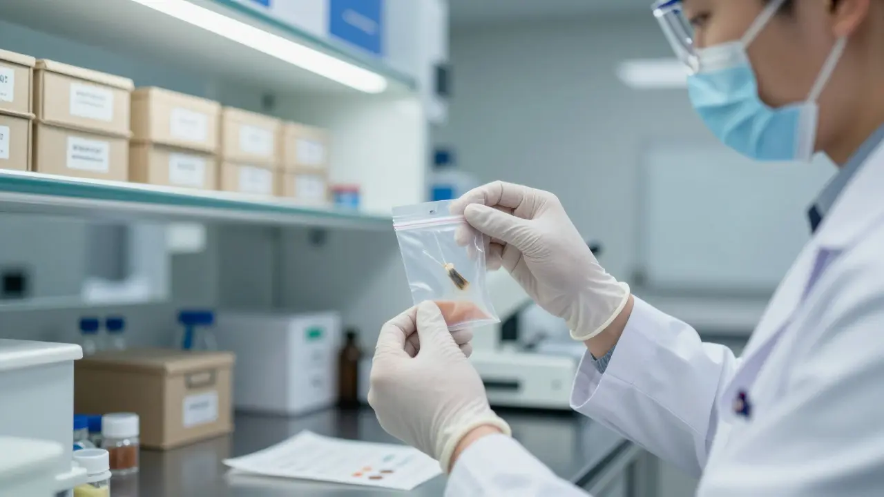 Forensic scientist handling a sealed evidence sample in a clean laboratory