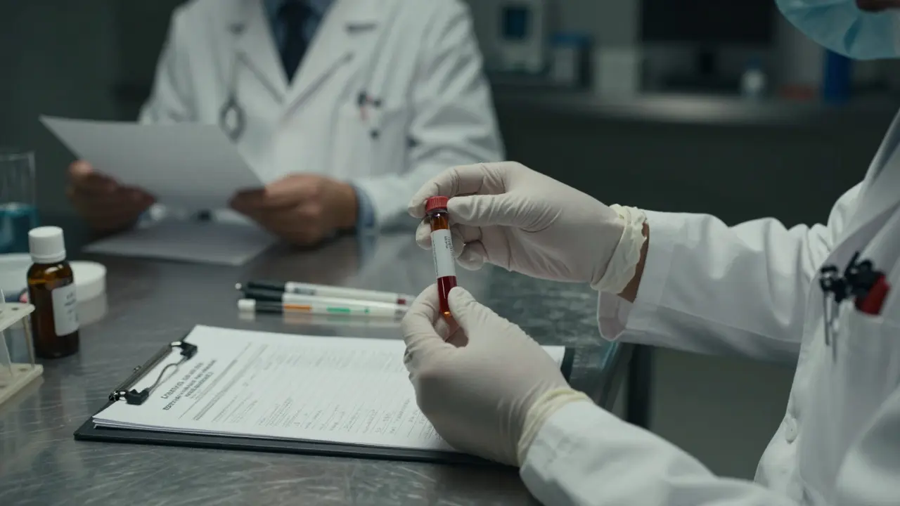 Forensic scientist preparing a blood sample for toxicology testing