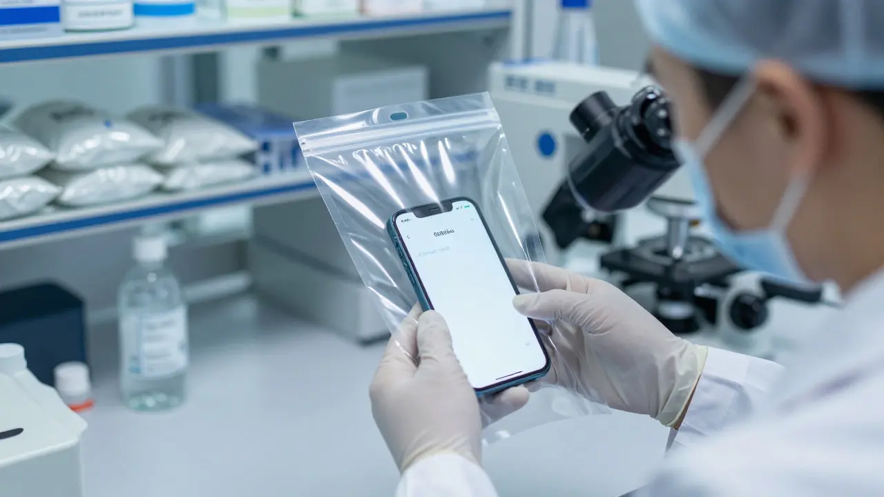 Forensic specialist examining a smartphone in a Faraday bag in a lab