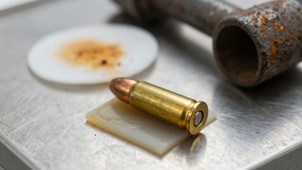 Forensic table displaying a deformed bullet, gelatin block, and metal surface samples