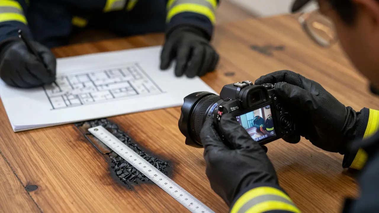 Forensic team documenting burn patterns with a camera and scale reference