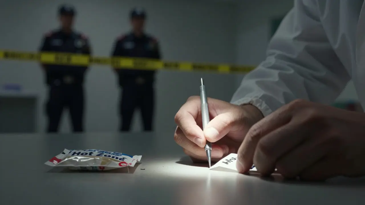 Forensic technician collecting evidence while a perimeter officer guards the restricted zone boundary