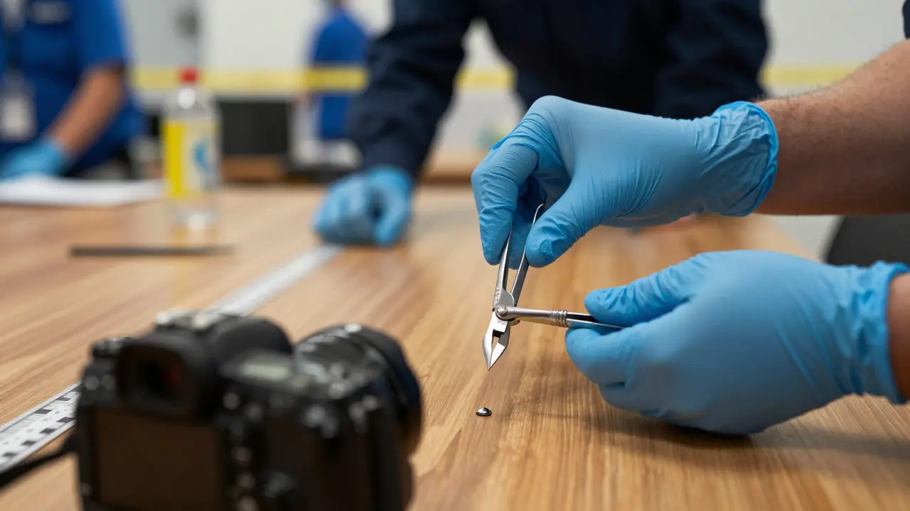 Forensic technician collecting evidence with forceps while documenting with camera