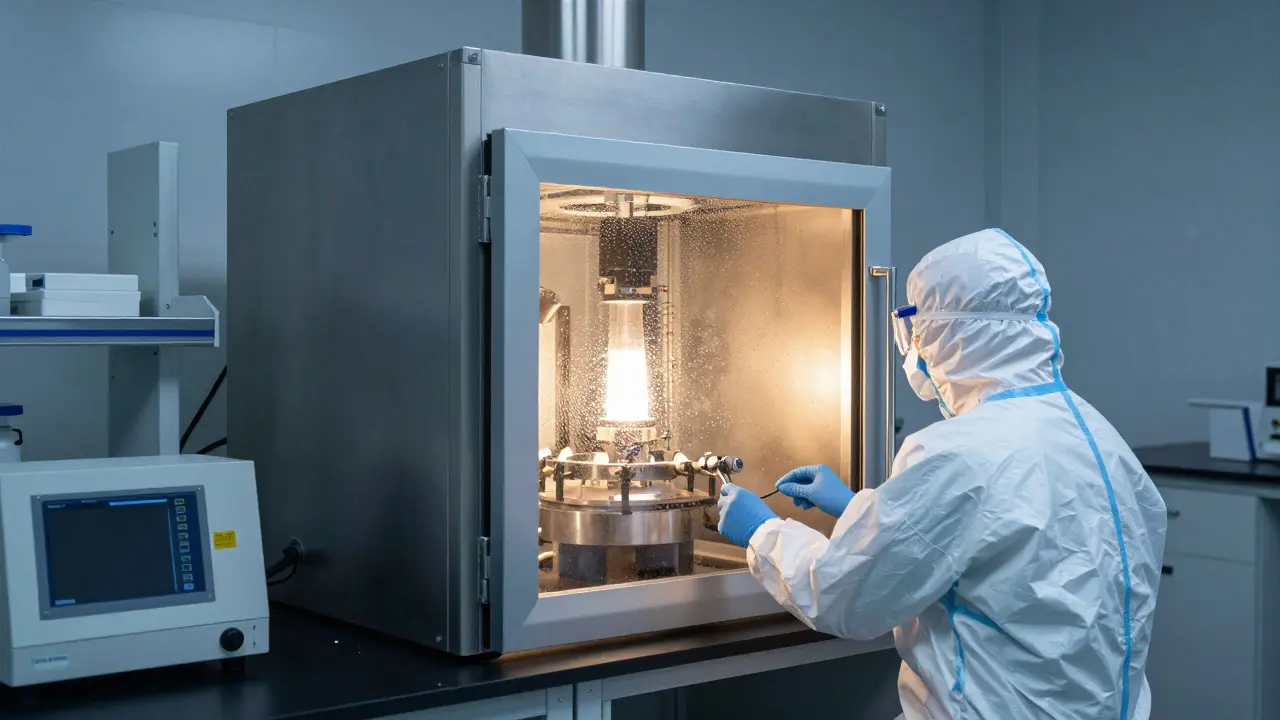 Forensic technician monitoring a large industrial fuming chamber