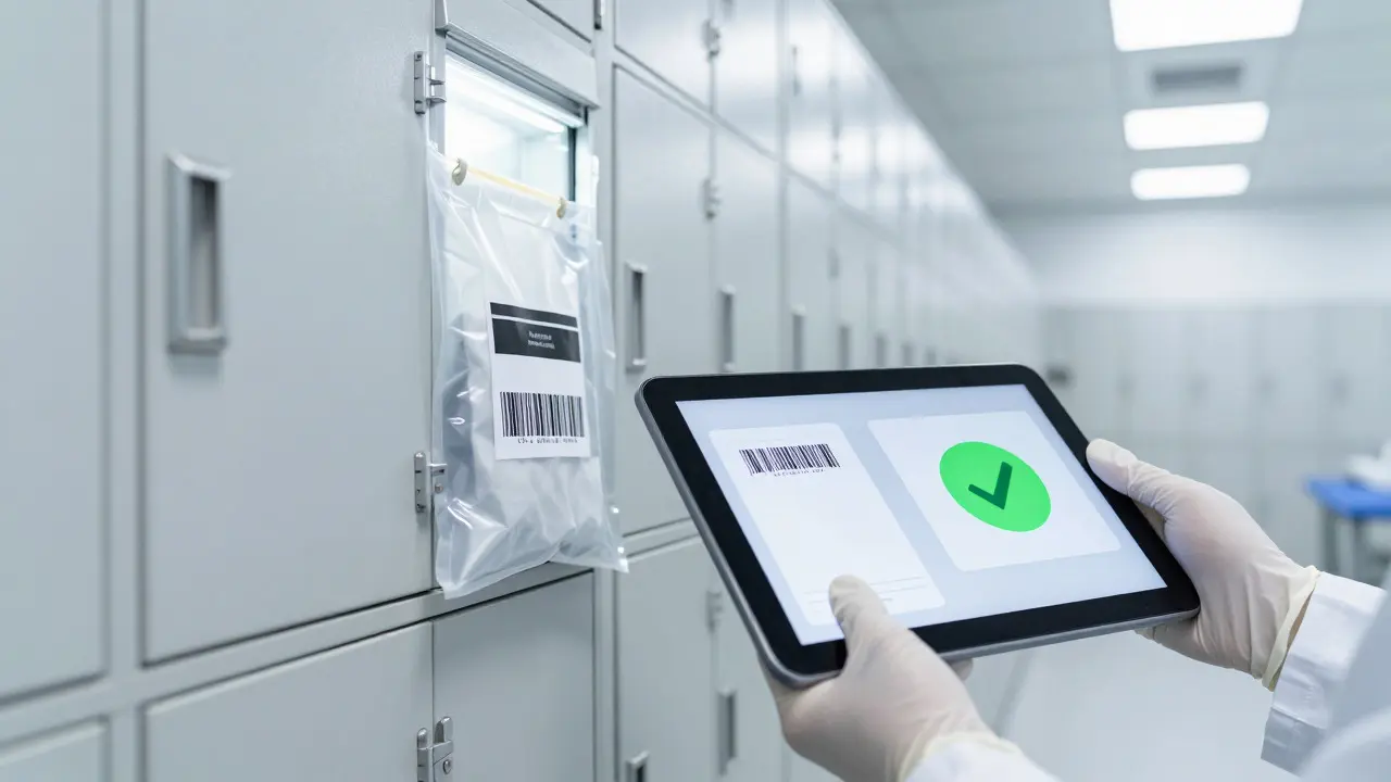 Forensic technician scanning an evidence bag with a tablet