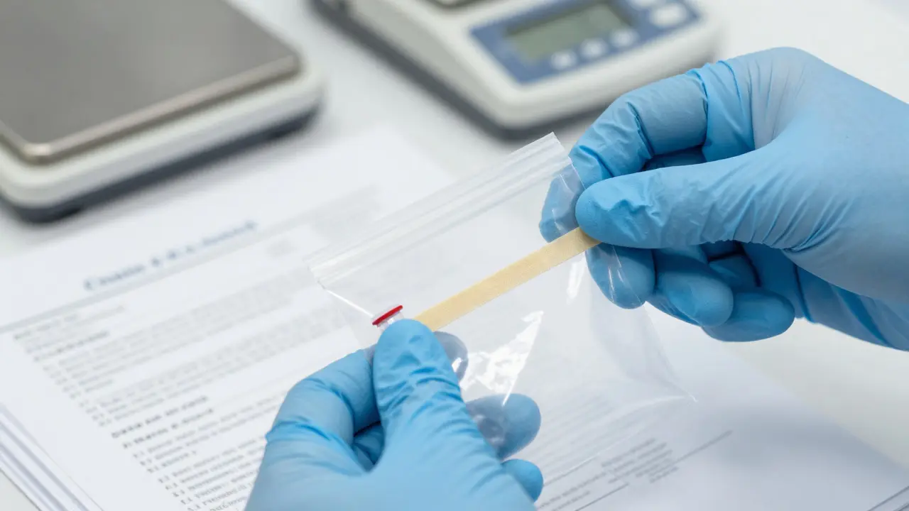 Forensic technician sealing a tamper-evident evidence bag with a DNA sample