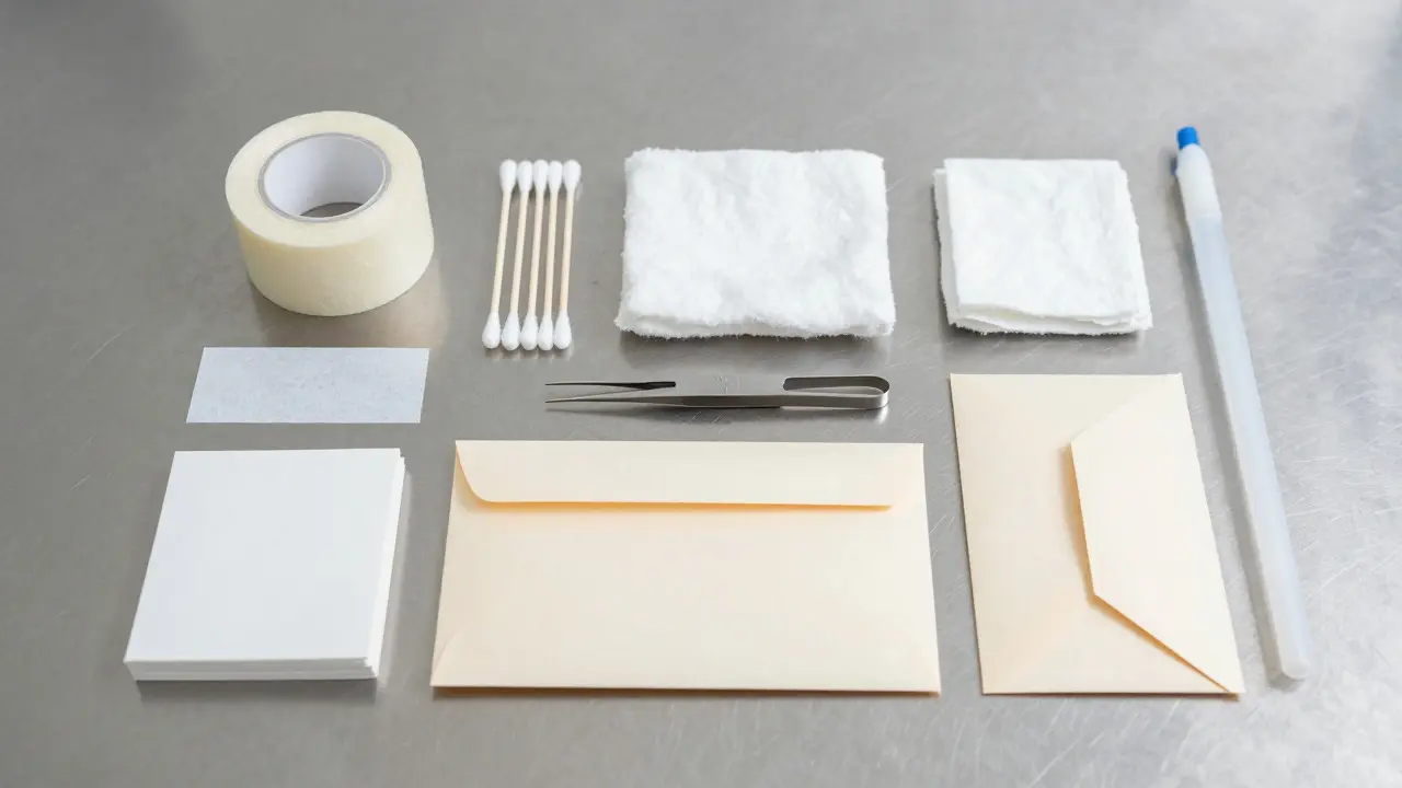 Forensic tools including tape lifts, swabs, and envelopes on a metal table