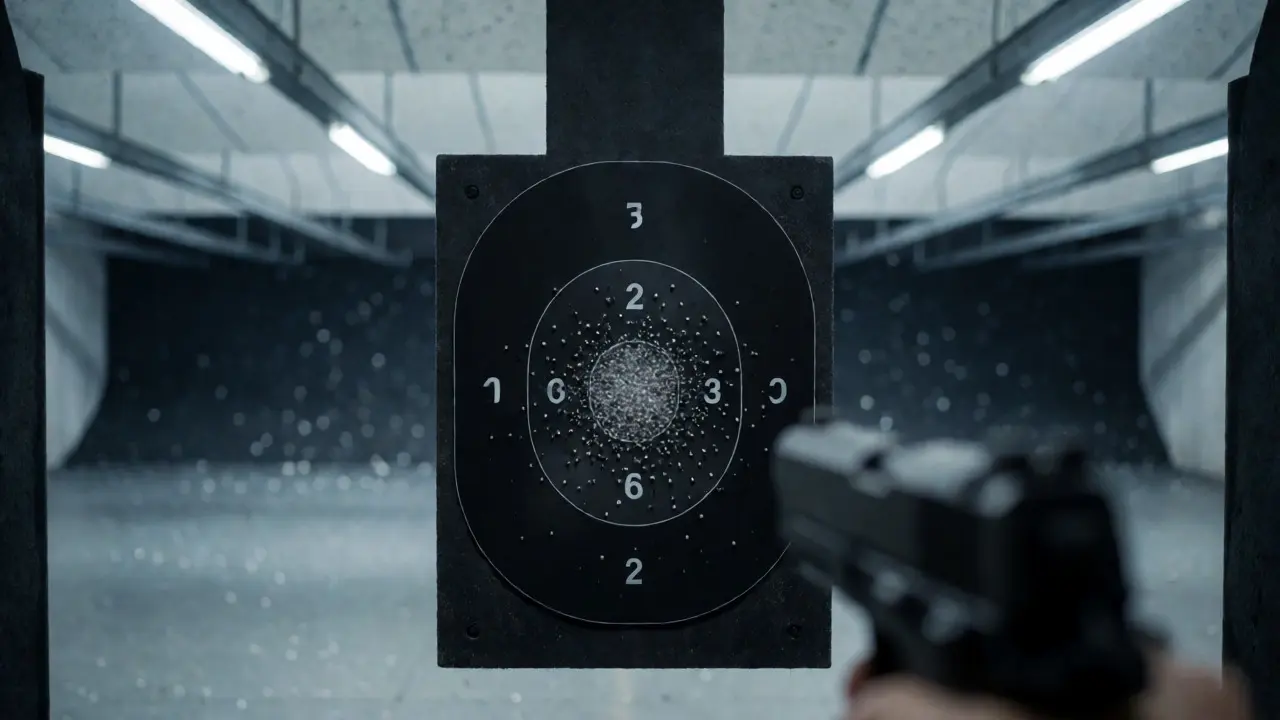 Frangible bullet disintegrating into dust upon impact with a steel target at an indoor range.