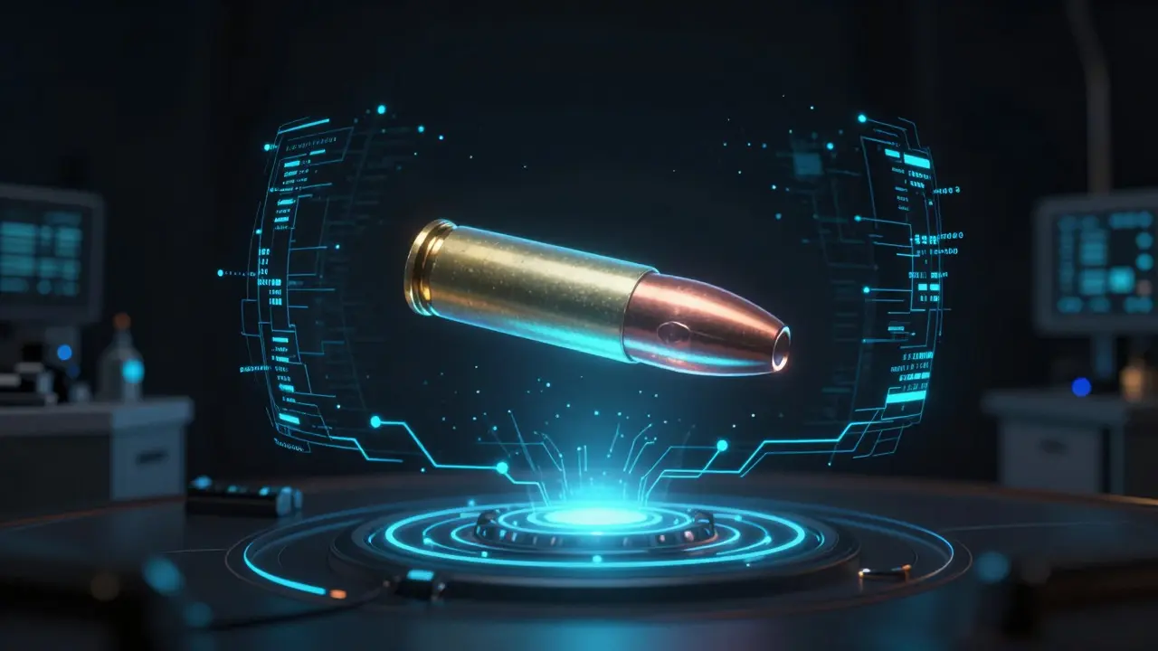 Futuristic hologram of bullet analysis with AI data streams