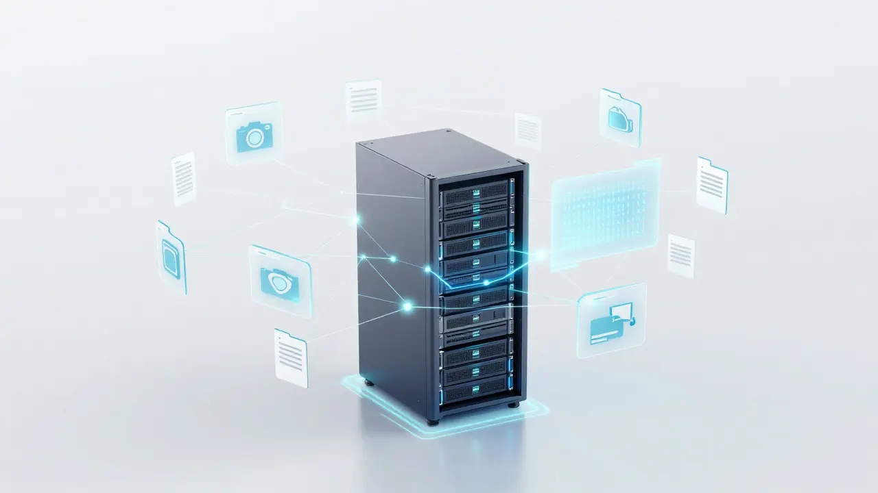 Futuristic server rack with glowing data connections representing digital asset management