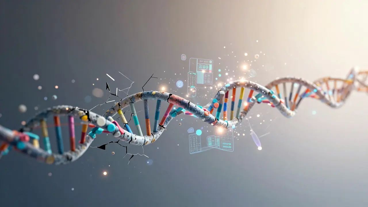 Futuristic visualization of fragmented DNA being reconstructed by technology