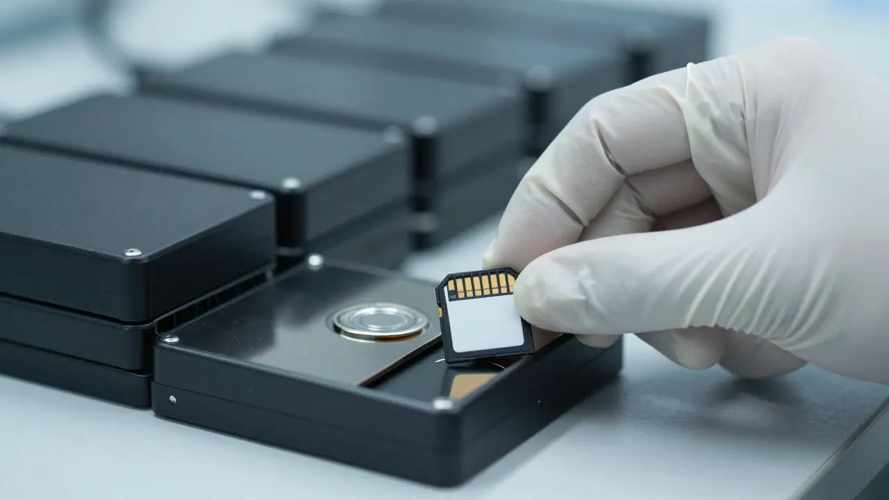 Gloved hand inserting an SD card into a hard drive for forensic data backup