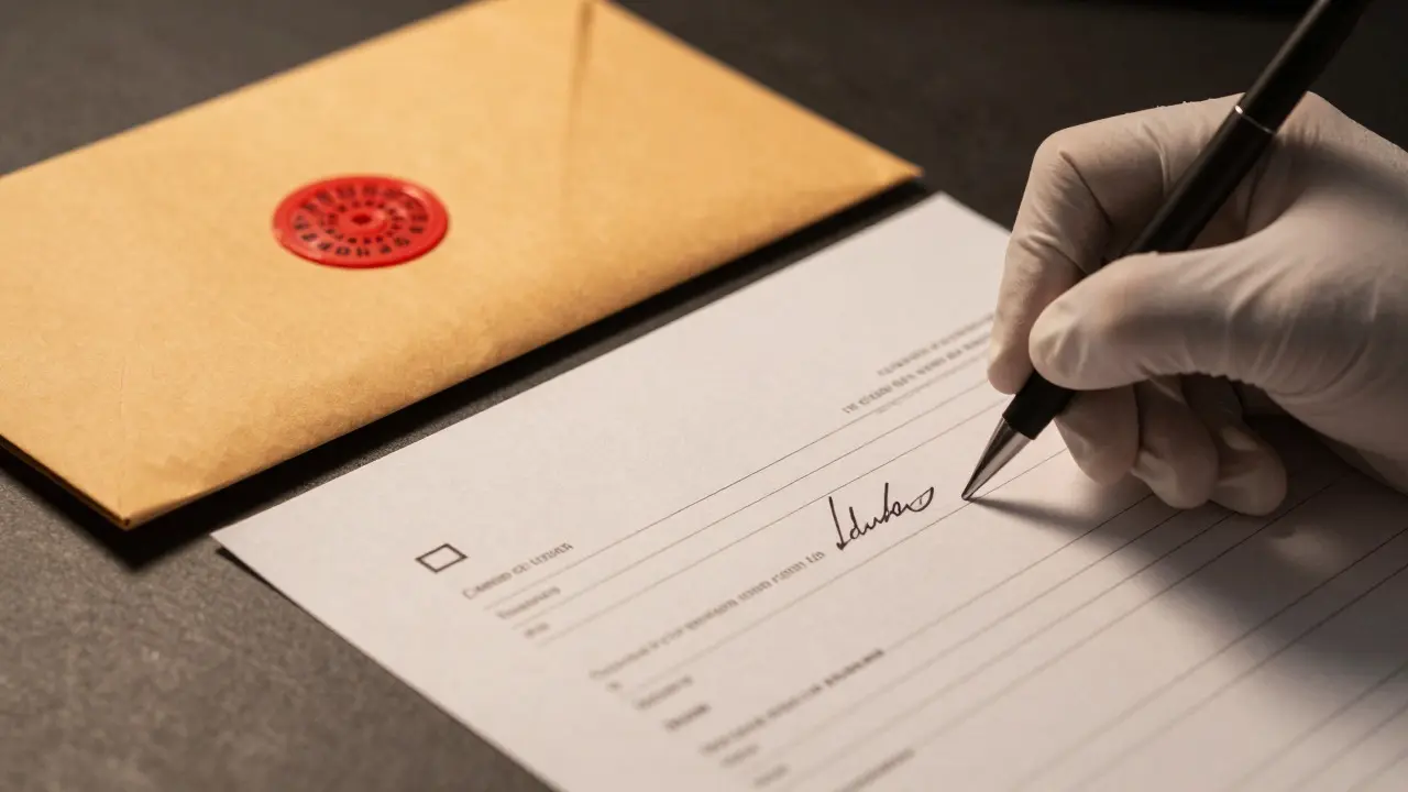 Gloved hand signing a log next to a tamper-evident seal on an evidence envelope