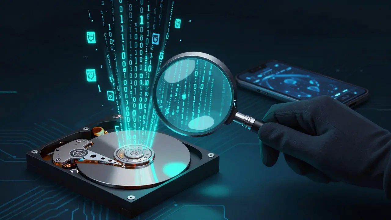Gloved hand using a loupe to inspect digital data streams over a hard drive