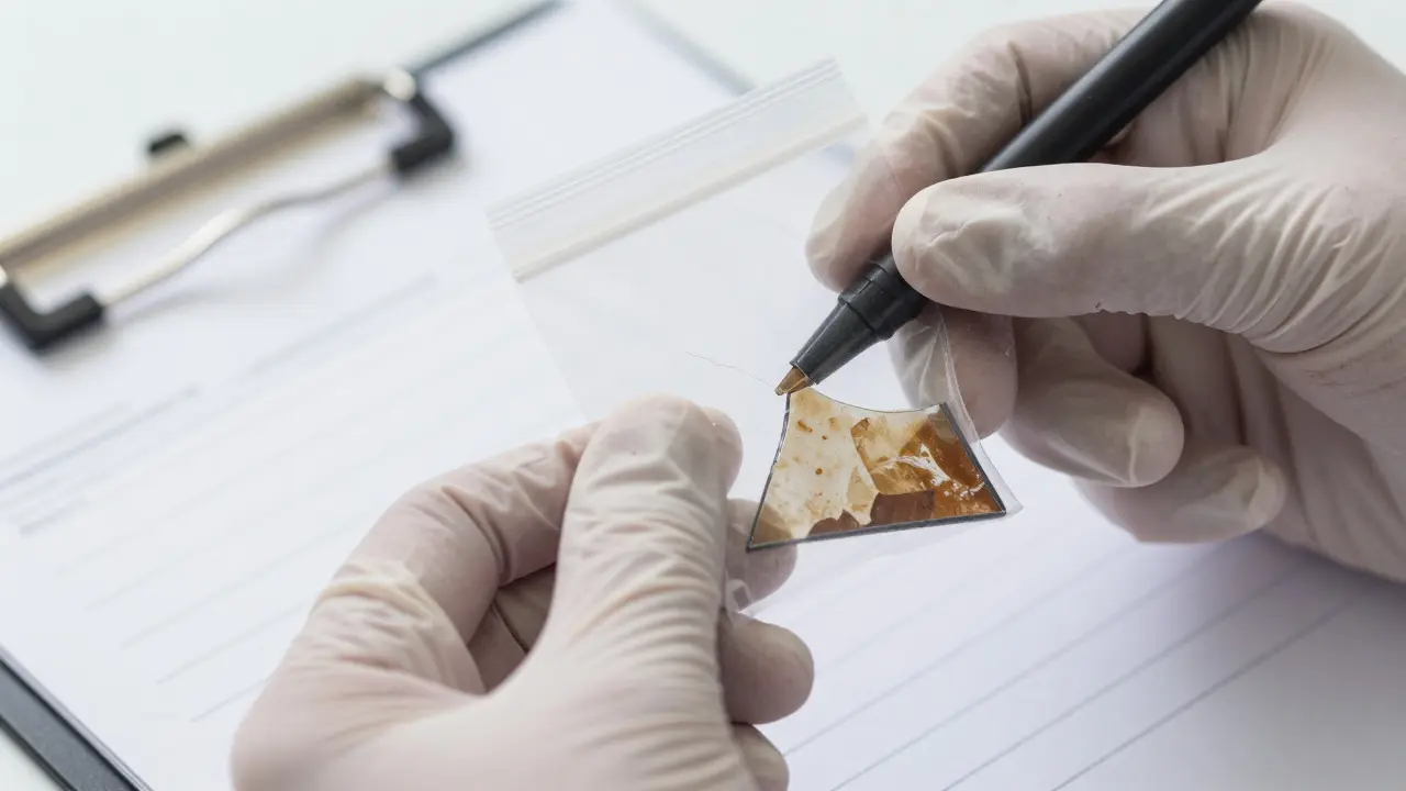 Gloved hands holding an evidence bag with a glass fragment next to a clipboard