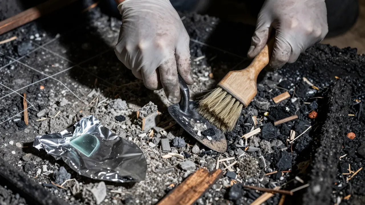 Gloved hands using trowel and brush to excavate fire debris for forensic evidence