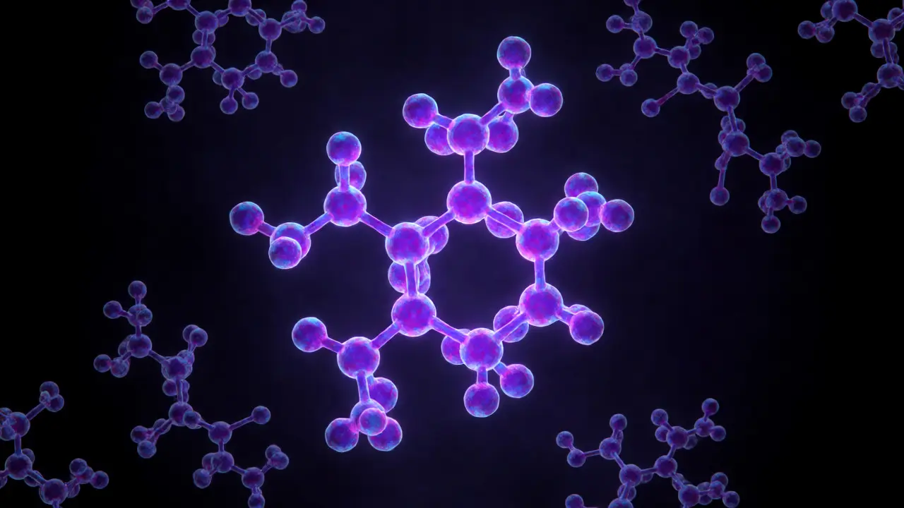 Glowing 3D molecular structure of a synthetic cannabinoid surrounded by dissipating metabolites.