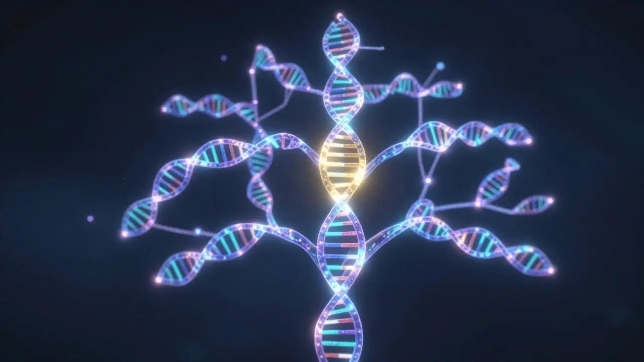 Glowing DNA strands forming a family tree network