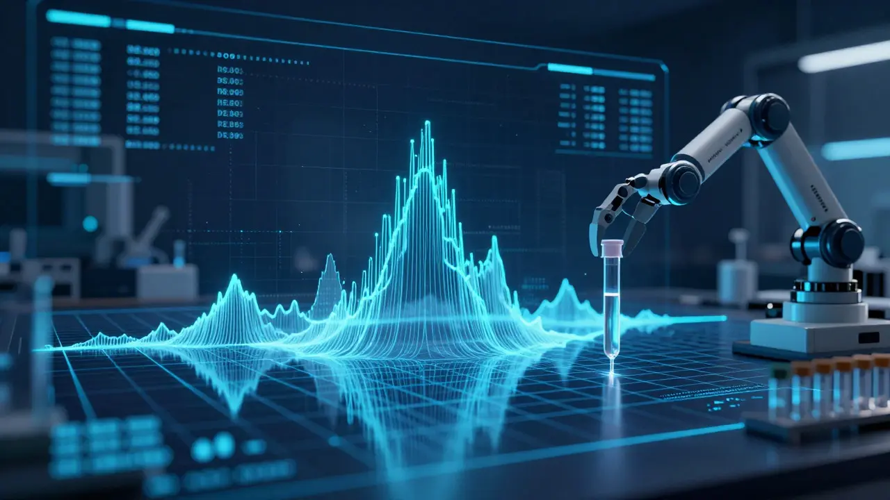 Glowing spectral peaks on a digital grid next to a robotic lab arm