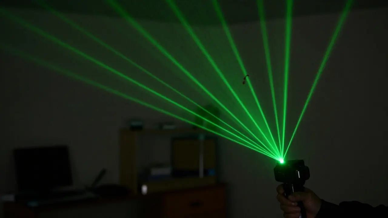 Green laser beams intersecting in mid-air to visualize bloodstain origin