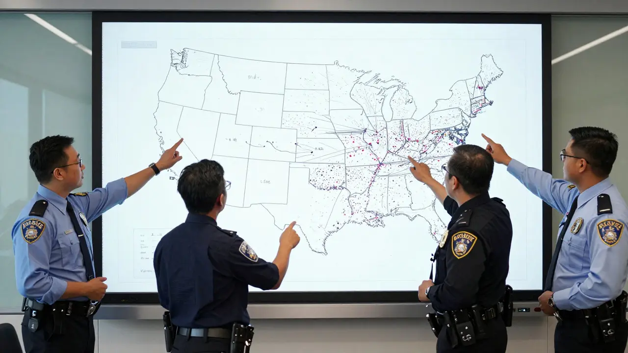 Group of investigators analyzing a multi-state map on a whiteboard in a conference room