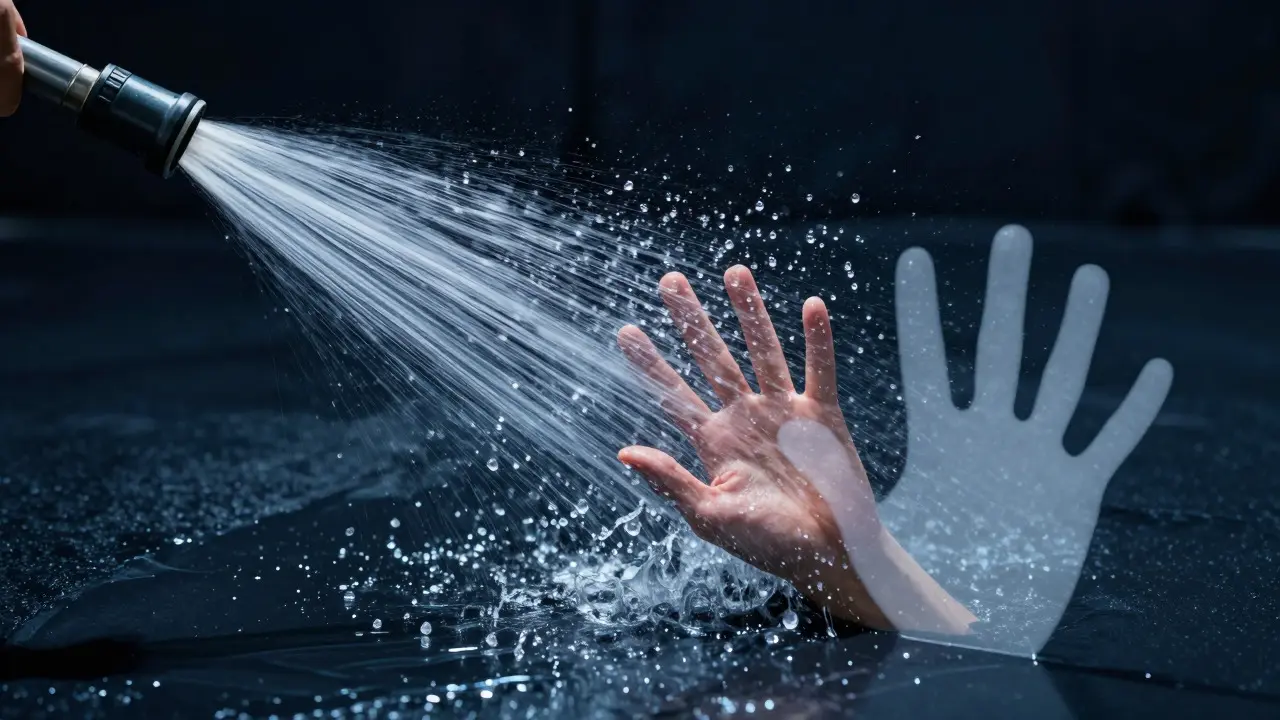 Hand blocking water spray creating a dry palm-shaped patch