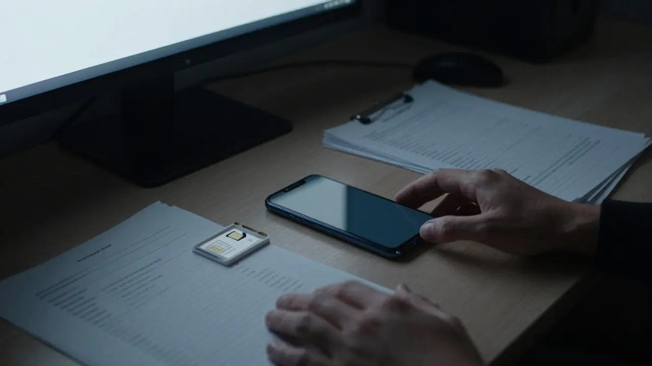 Hand picking up a smartphone near a SIM card on a dark desk