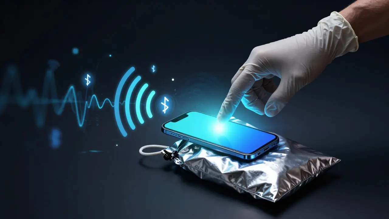 Hand placing smartphone into silver Faraday bag with digital signal overlays