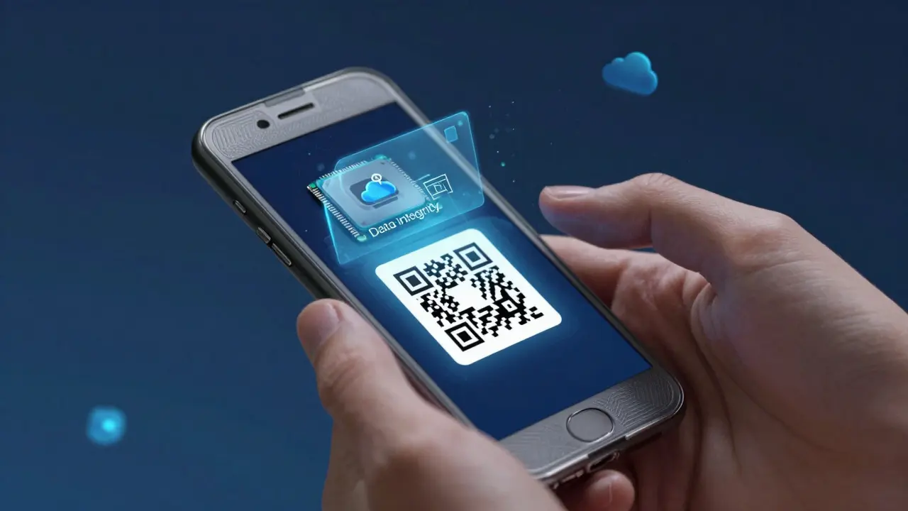 Hand scanning a QR code on evidence with digital data effects overlay