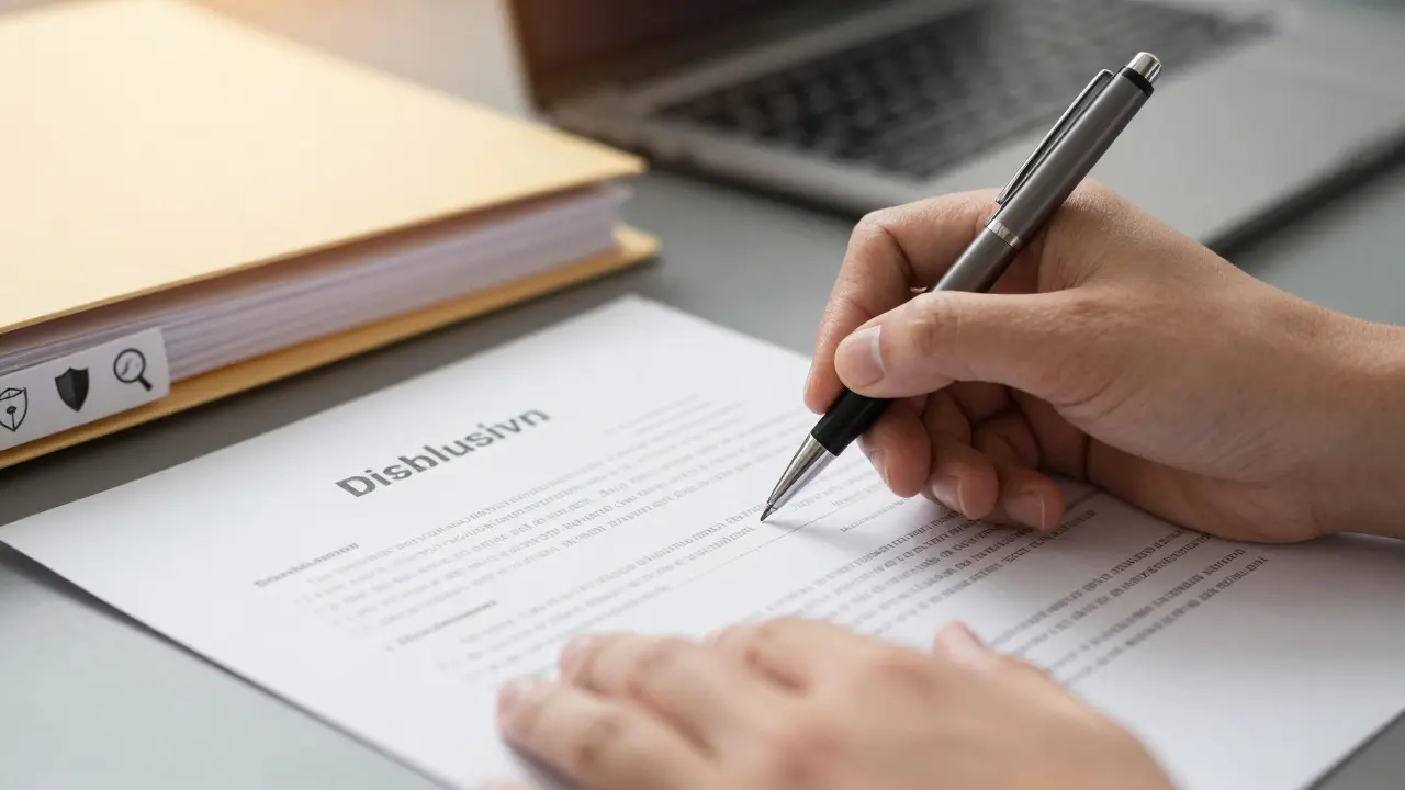 Hand signing a conflict of interest disclosure form next to audit folders