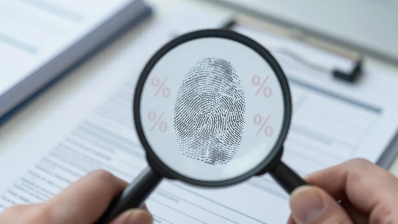 Hand using a magnifying glass to inspect a fingerprint with abstract error symbols
