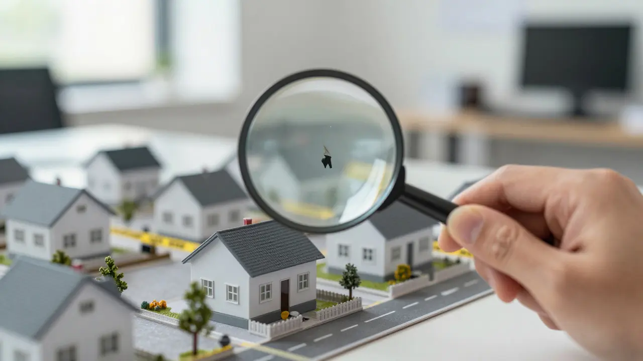 Hand using a magnifying glass to inspect details on a miniature crime scene model