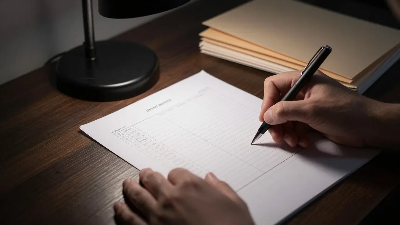 Hands filling out a corrective action tracking sheet under a desk lamp in a dimly lit office.