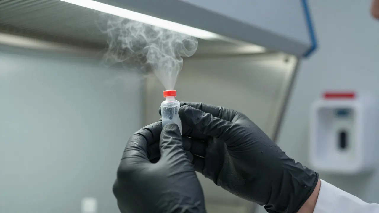 Hands in protective gloves handling a chemical vial under ventilation