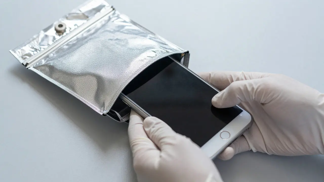 Hands placing a smartphone into a Faraday bag for digital preservation