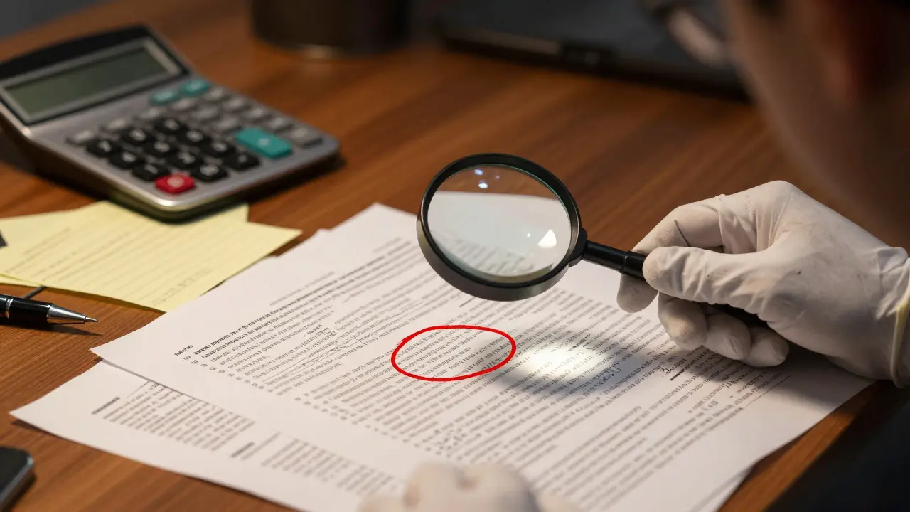 Hands using a magnifying glass to scrutinize a detailed scientific report