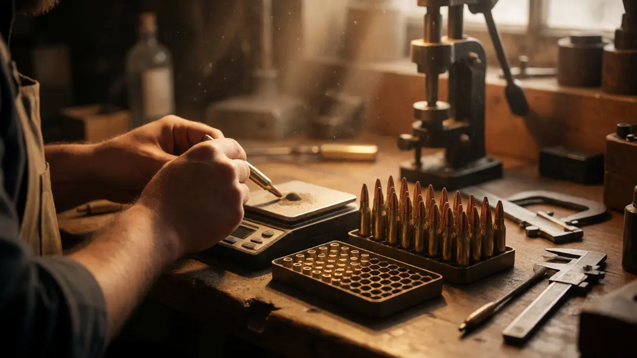 Hands weighing powder for custom ammunition reloading on a detailed workbench.