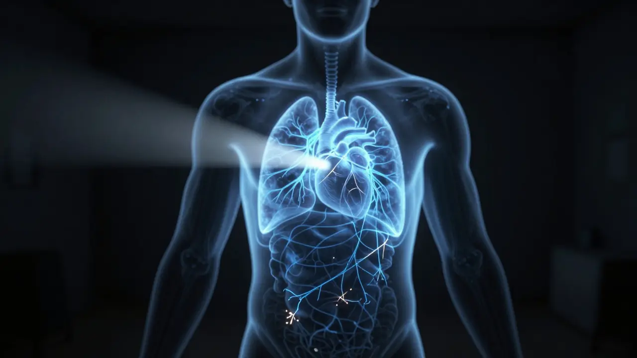 Holographic 3D scan of a human torso showing internal organs