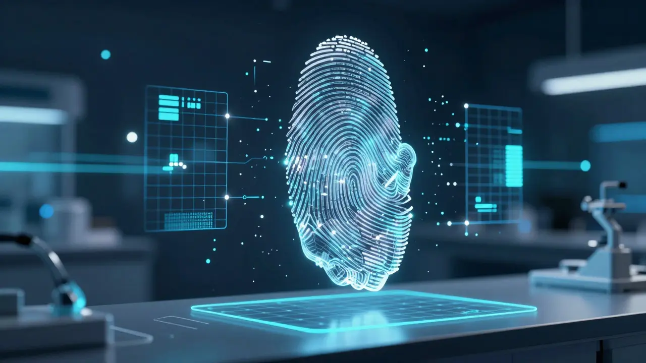 Holographic 3D visualization of fingerprint data points and ridges