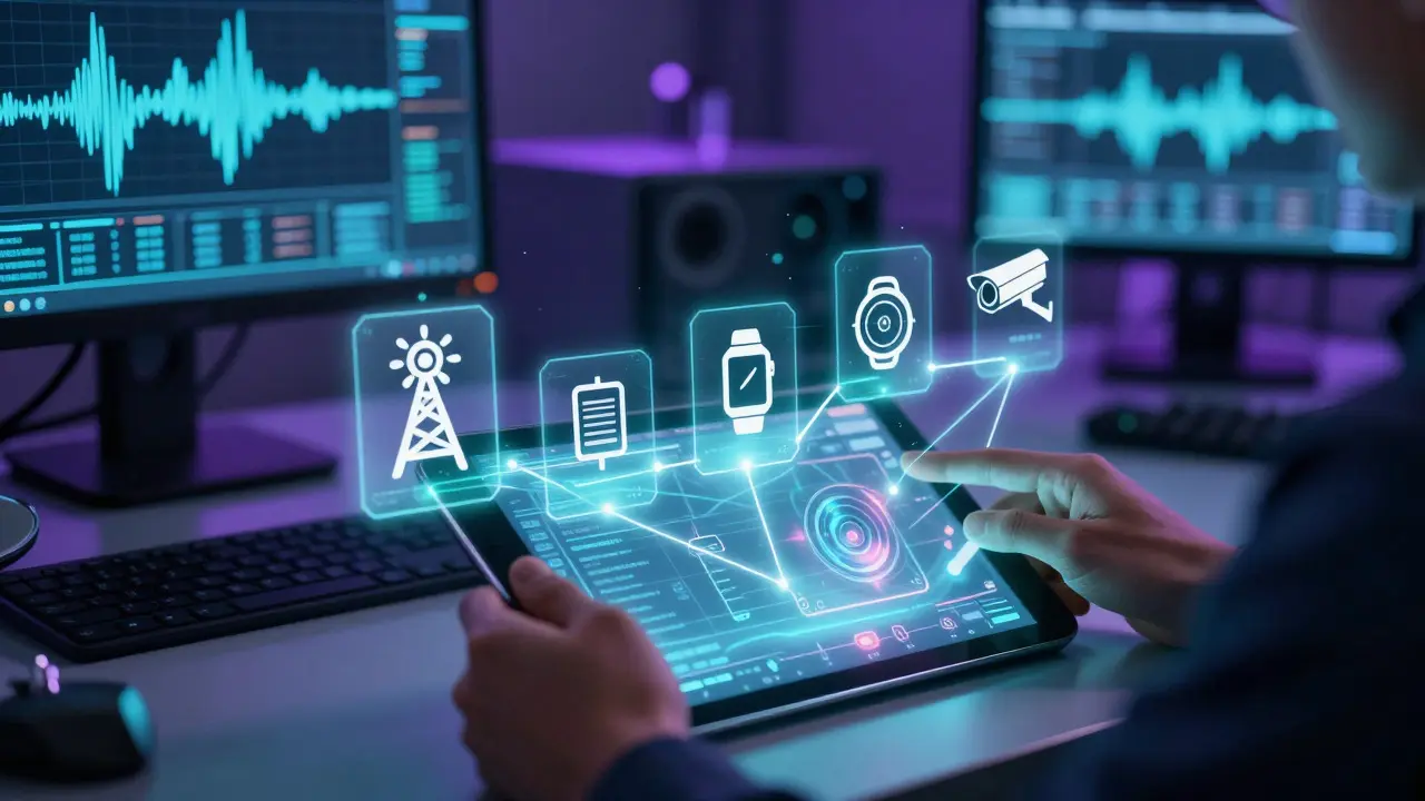 Holographic display connecting digital device icons in a forensic lab