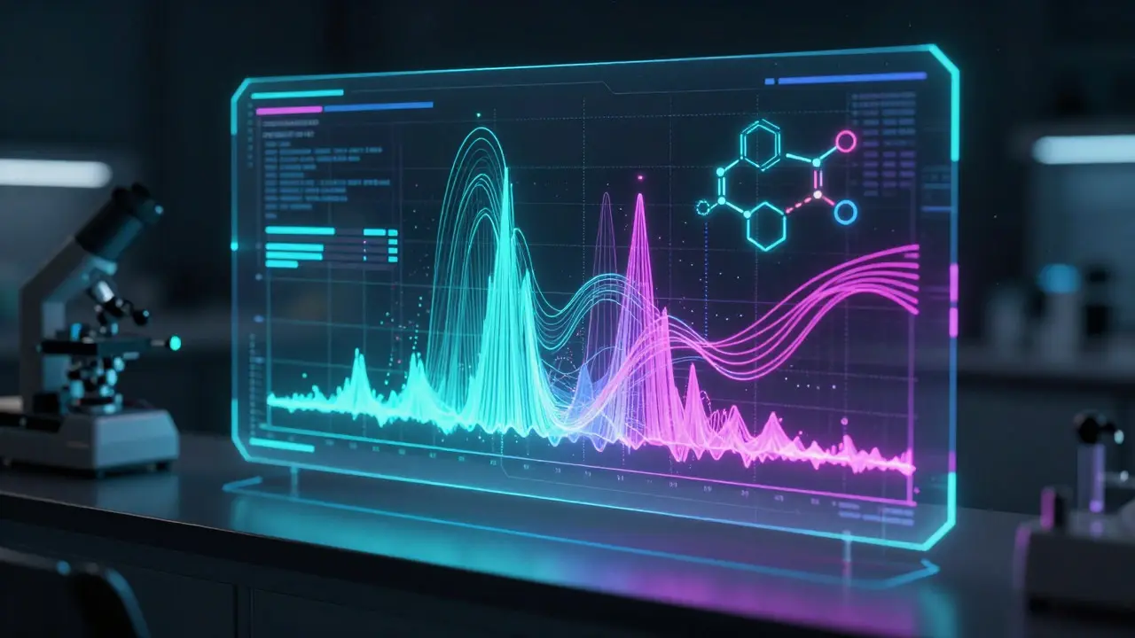 Holographic display of AI analyzing complex chemical spectral data