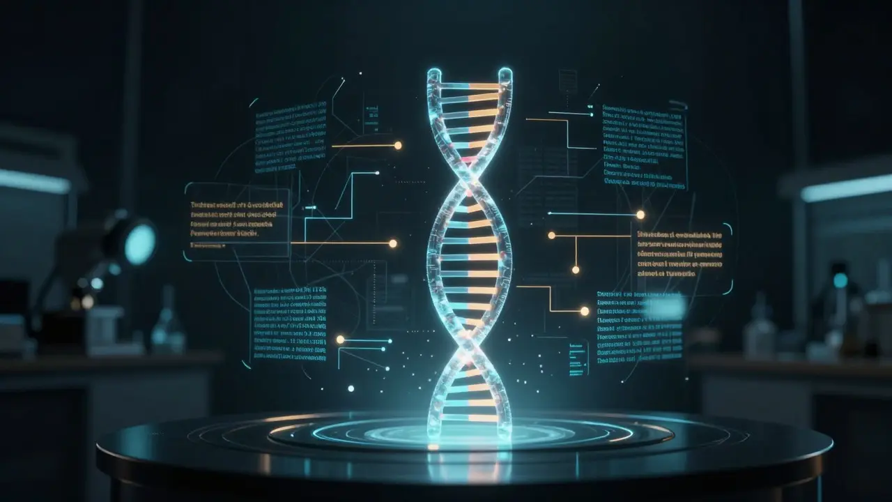 Holographic DNA helix surrounded by abstract data patterns