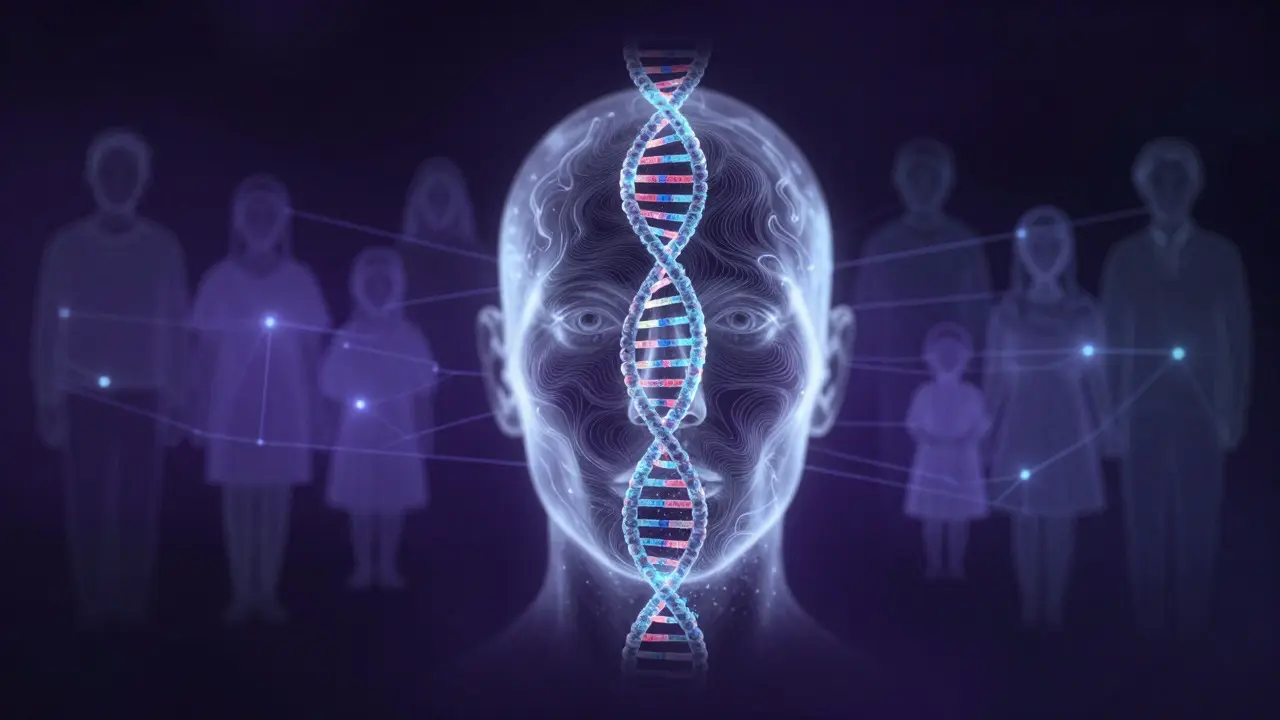 Holographic face made of DNA strands representing future forensic tech