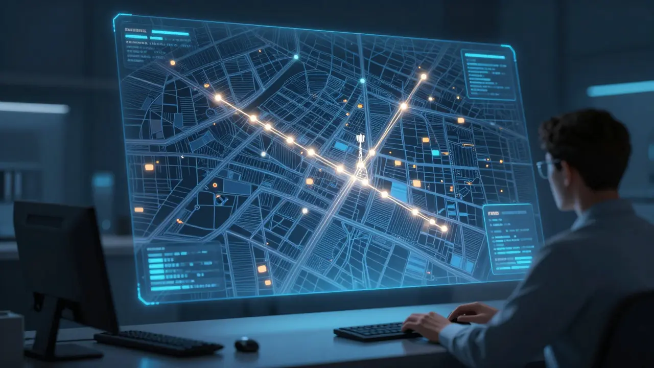 Holographic map showing cell tower pings tracing a suspect's movement path